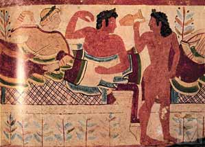 Сцена пира из этрусской гробницы Леопардов (около 470 до н.э.) Читать полностью: http://www.km.ru/front-projects/russkii-yazyk-velikoe-dostoyanie-vsego-chelovechestva/russkaya-pravda-ob-etruskakh-ne